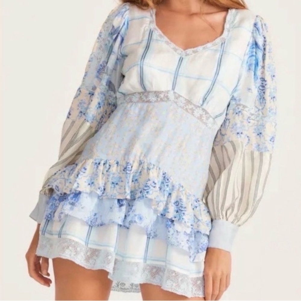 LoveShackFancy Sienne Ocean Spray Mist SILK Ruffle Mini Dress Cottagecore Resort